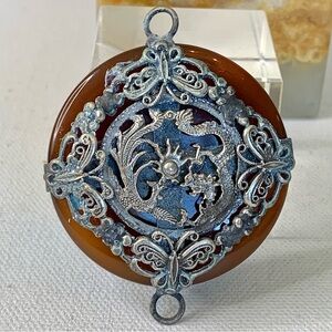 Vintage Red Jade Chinese Dragon Phoenix Pendant Miao-Style Metalwork Butterflies